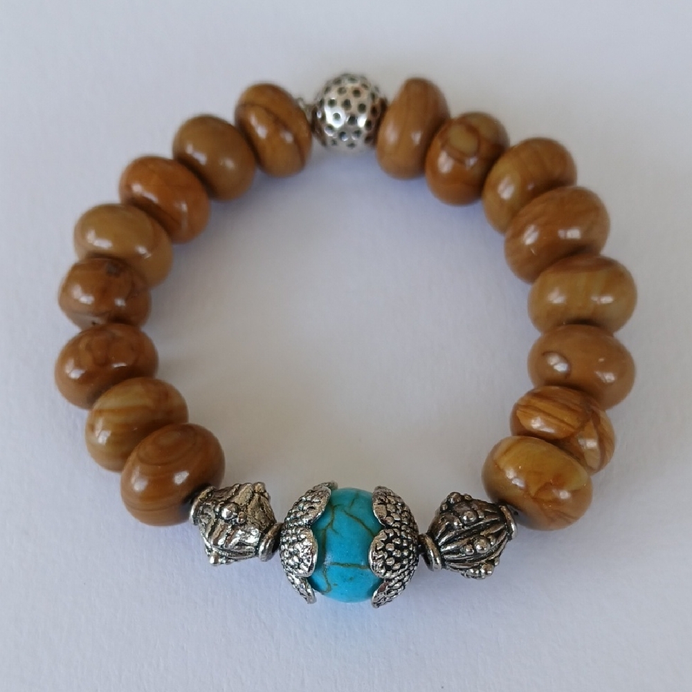 Turquise Silver and Brown Beaded Bracelet
